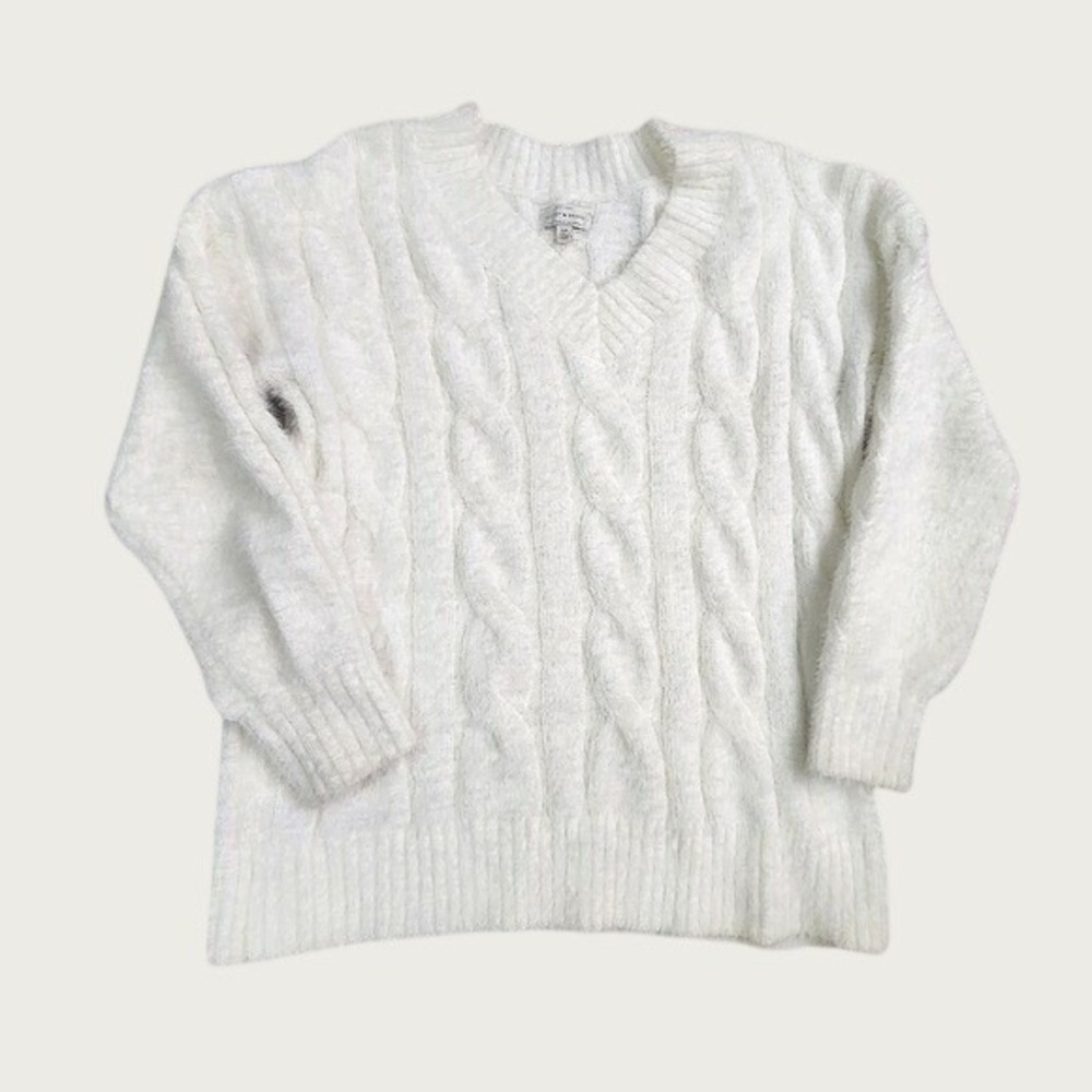 Lucky Brand Cable Knit‎ V-Neck Sweater Cream Pullover Fuzzy Cozy Preppy Small